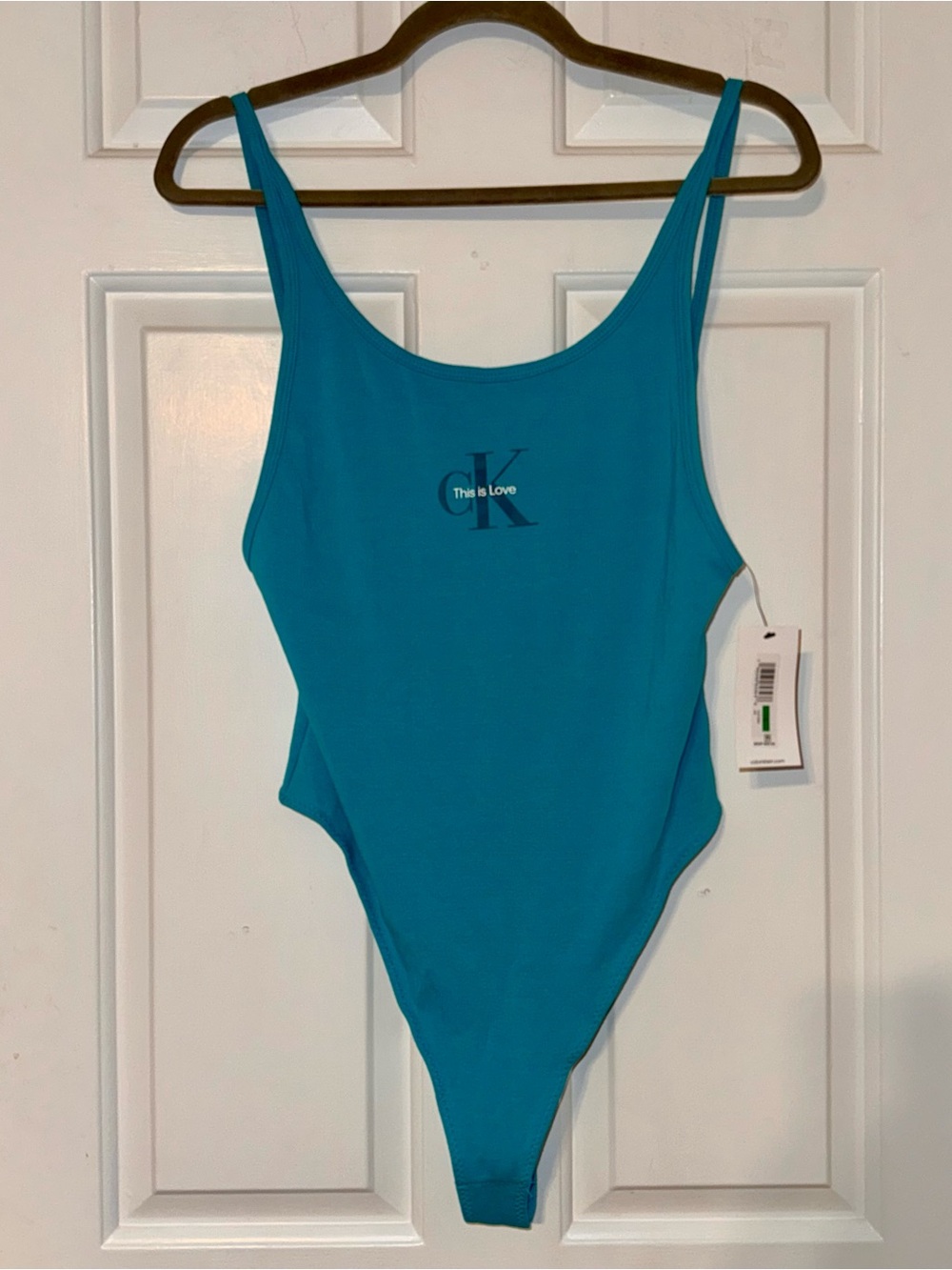 Calvin Klein this is love island turquoise blue green scoop back bodysuit L NWT